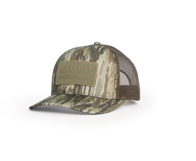 Angled view of Realtree Legacy camo trucker hat with tan Realtree Camouflage patch main