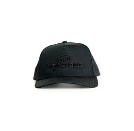 Front view of black 5-panel cap featuring raised Team Realtree logo detail.