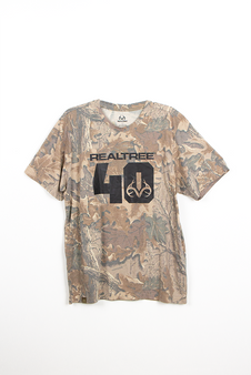 Front view of Realtree Advantage Classic camo tri-blend shirt with large 40th Anniversary logo print.