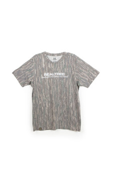 Front view of 40th Anniversary Realtree Original tri-blend camo t-shirt with bold Realtree logo print.