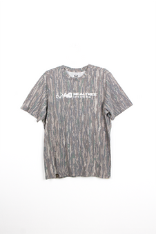 Front view of Realtree Original tri-blend camo shirt with 40 Long Live Real graphic.