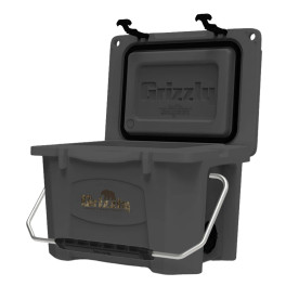 Angled view of Grizzly NWTF 20-quart cooler open with lid raised and metal handle extended main.