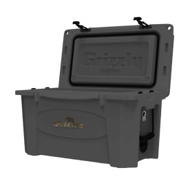 Angled view of Grizzly NWTF 45-quart cooler open with lid raised main