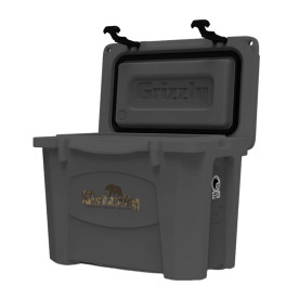 Angled view of Grizzly NWTF 15-quart cooler open with lid raised main