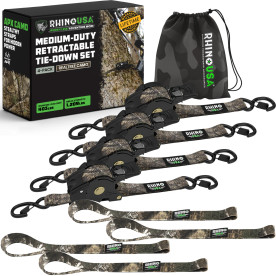 Medium-duty Rhino USA 1-inch by 10-foot retractable camo ratchet straps 4-pack in Realtree APX with storage bag and retail box.