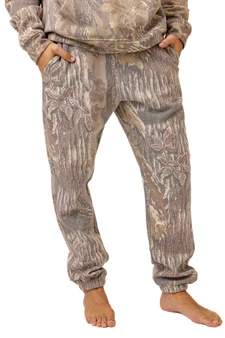 Front view of Realtree Xtra Grey camo sweatpants with elastic waistband and side pockets.