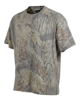 Back view of Banded women's Sunday camo tee in Realtree Xtra Grey with full camo pattern.