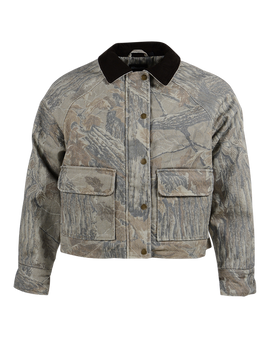 Front view of Banded women's Scout camo jacket in Realtree Xtra Grey with button closure and pockets.