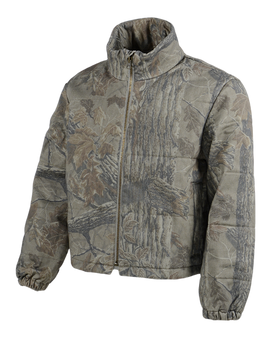 Banded women's Bonfire camo puffer jacket in Realtree Xtra Grey, angled view.