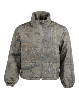 Front view of Banded women's Realtree Xtra Grey Bonfire camo puffer jacket.