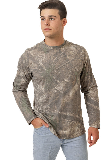 Front view of men’s Realtree APX long sleeve tri-blend camo shirt displayed on model wearing jeans main.