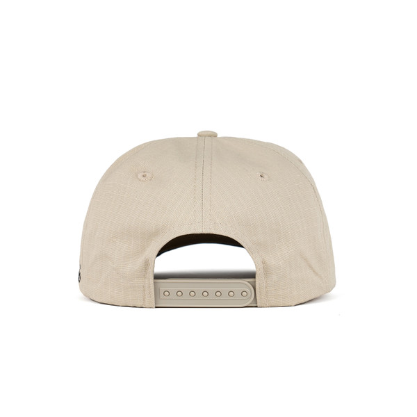 Back view of beige adjustable snapback rope hat