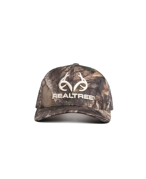 Highlights the raised embroidered Realtree logo centered on the structured 6-panel crown.