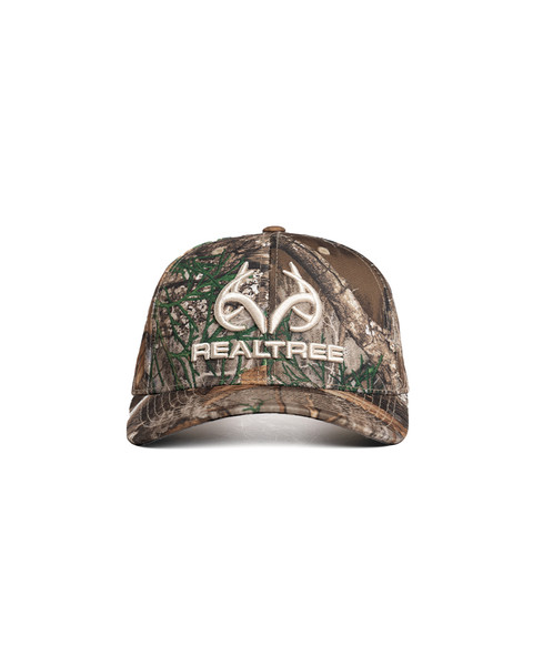 Curved brim 6-panel camo hat in Realtree EDGE with raised embroidered Realtree logo.