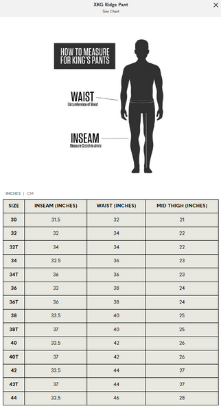 Men’s sizing chart with measurement guide showing how to measure chest, waist, hip, arm length, and inseam, plus size ranges from Small to 5XL.