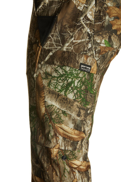 Cargo pocket detail on men’s XKG Ridge hunting pants with triangular vent panel.