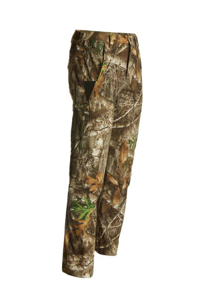 Angled side view of men’s Realtree EDGE camo hunting pants showing slim athletic fit.