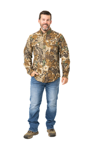 Men’s Button Down Long Sleeve Hunting Camp Shirt in Realtree Advantage Classic camo, front view worn by model main