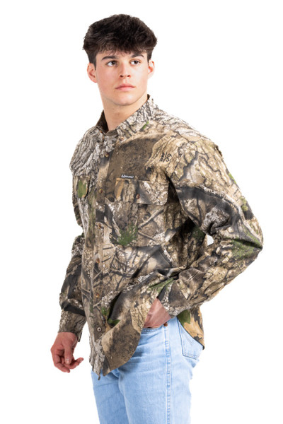 Men wearing Realtree APX long sleeve button down hunting camp shirt, front angled view main