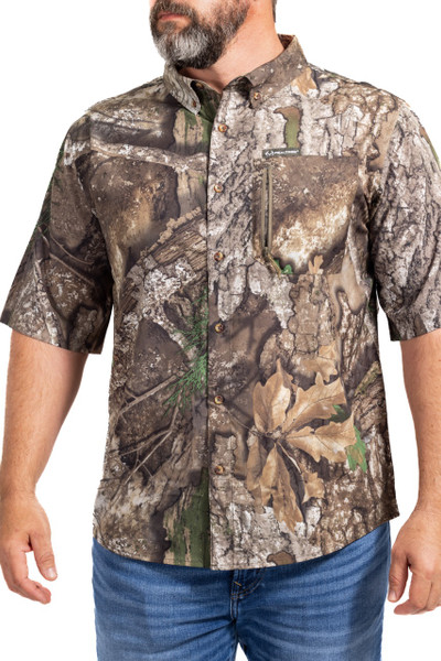 Men’s Realtree APX short-sleeve hunting shirt showing button-down front.