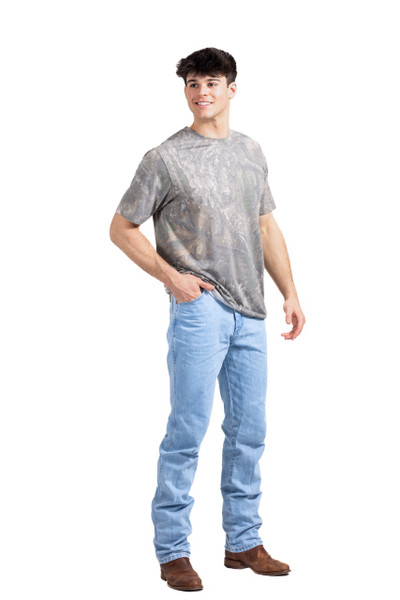 Men’s Tri Blend Short Sleeve Crew Neck Camo Shirt in Realtree APX, front angled view showing fit and camo pattern main