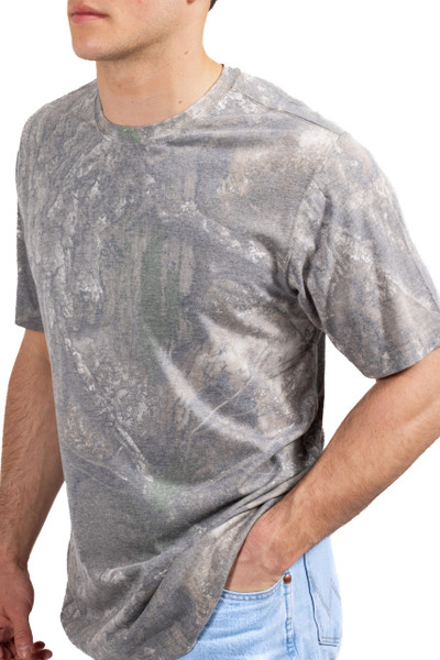 Men’s Tri Blend Short Sleeve Crew Neck Camo Shirt | Realtree APX, close-up of camo fabric texture.