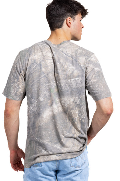 Men’s Tri Blend Short Sleeve Crew Neck Camo Shirt in Realtree APX, full back view showing camo coverage.