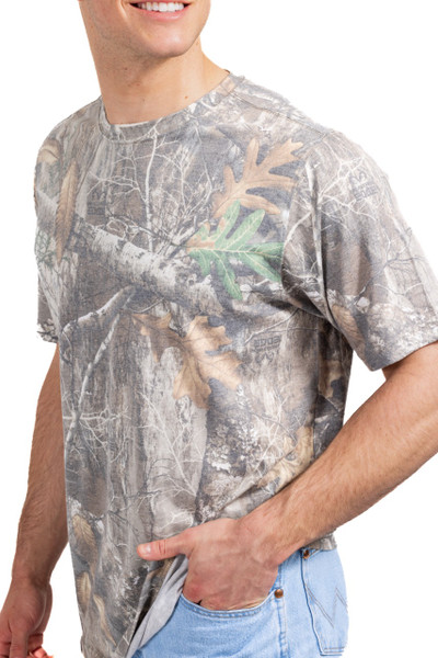 Men's Tri Blend Short Sleeve Crew Neck Camo Shirt in Realtree EDGE, close-up of camo pattern and fabric texture