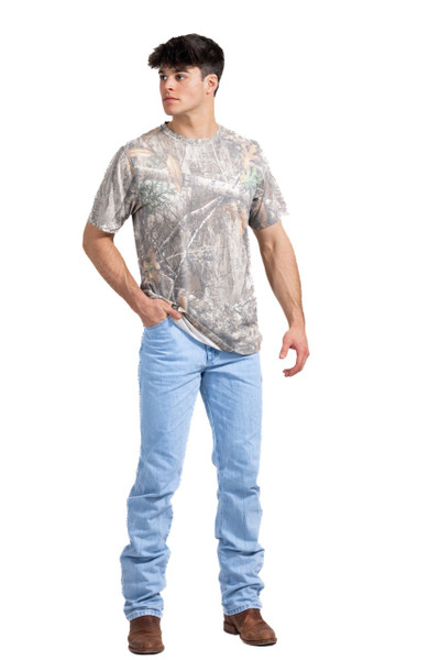Men's Tri Blend Short Sleeve Crew Neck Camo Shirt in Realtree EDGE, full body front view worn by model