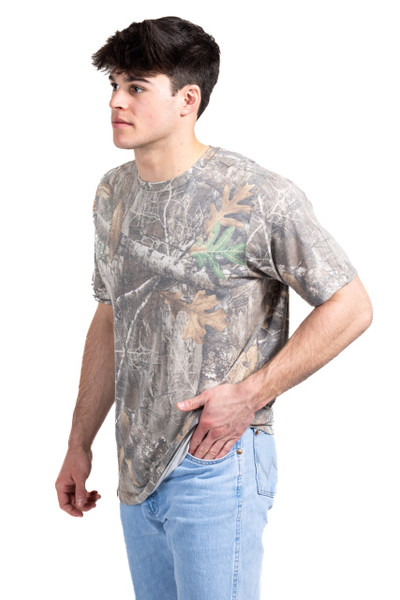 Men's Tri Blend Short Sleeve Crew Neck Camo Shirt in Realtree EDGE, side view worn by model