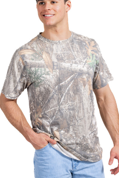 Men's Tri Blend Short Sleeve Crew Neck Camo Shirt in Realtree EDGE, front view worn by model