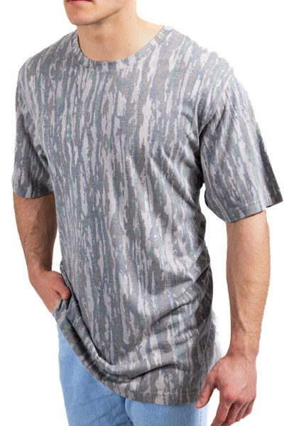 Close-up of Men's Tri Blend Short Sleeve Crew Neck Camo Shirt in Realtree Original showing fabric pattern.