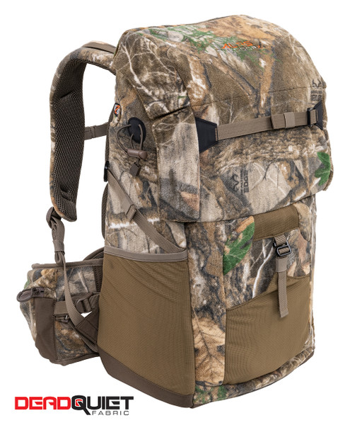Front view of ALPS OutdoorZ Impulse camo hunting pack featuring compression straps, large front pocket, and Realtree EDGE pattern.