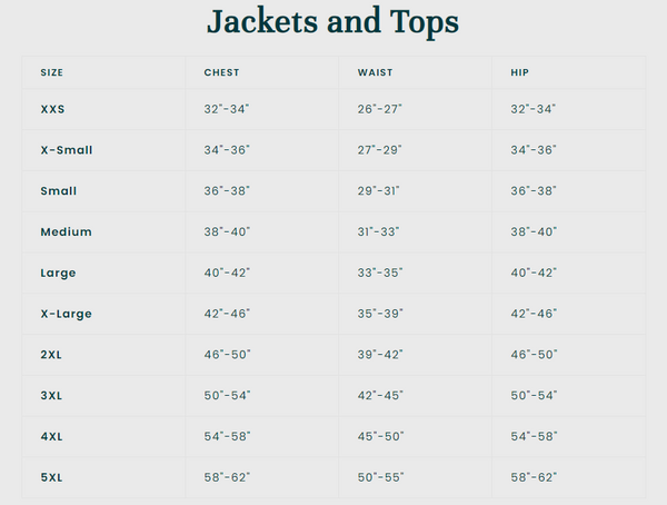 DSG jacket and shirt size chart