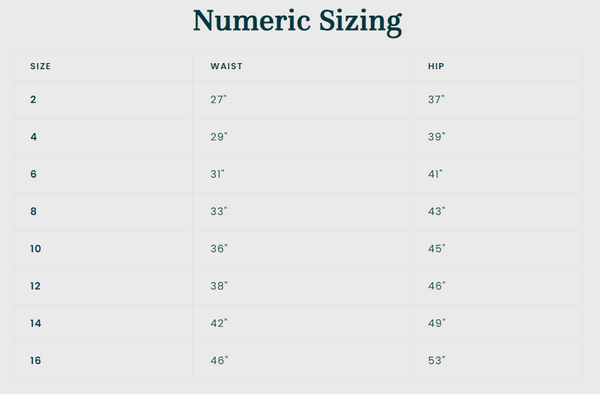 DSG numeric size chart