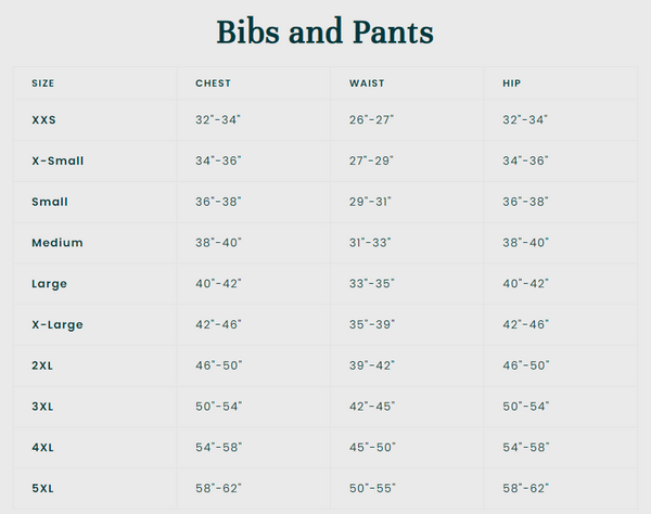 DSG bib and pant size chart
