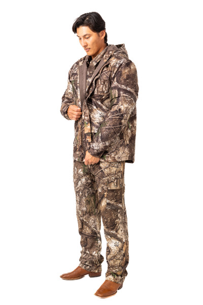 Full-body side view of men’s big game camouflage hunting set.