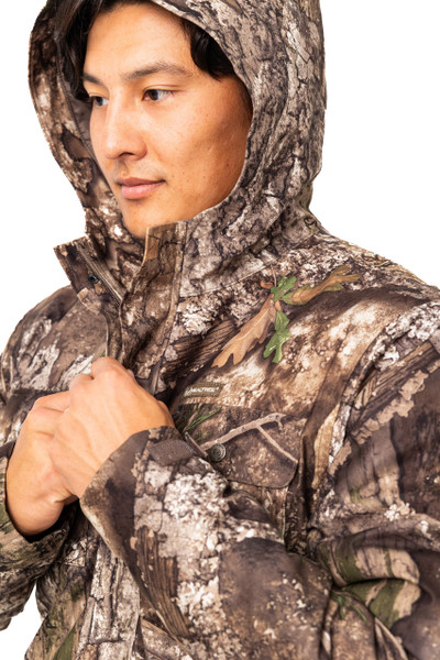 Close-up of hood raised on men’s Realtree APX parka.