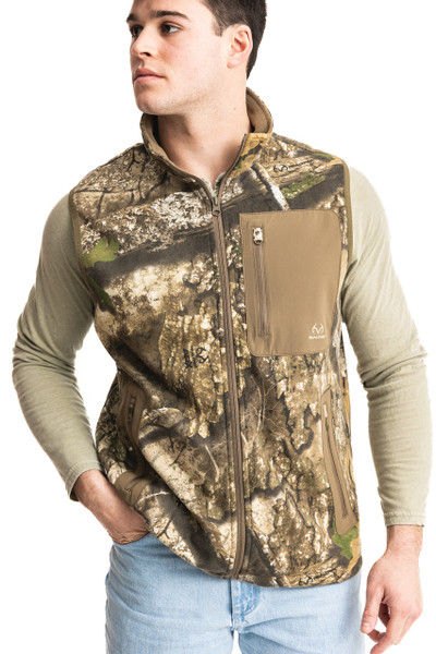 Men’s fleece camo vest in Realtree APX pattern, front view, zip-up design with stand collar and chest pocket main.