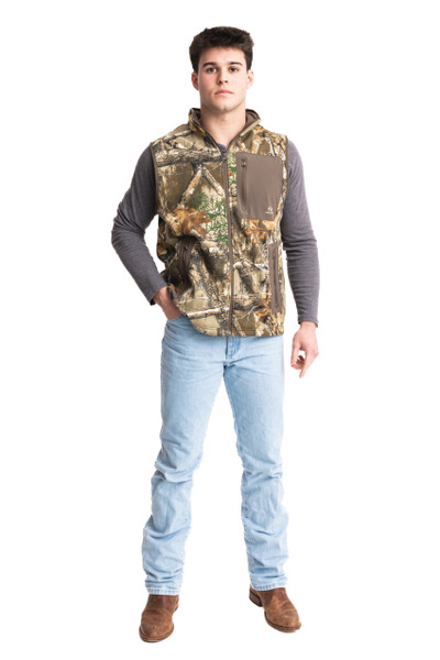 Men's Fleece Camo Vest | Realtree EDGE – front view showing full zip design, chest pocket, and camo fleece construction.