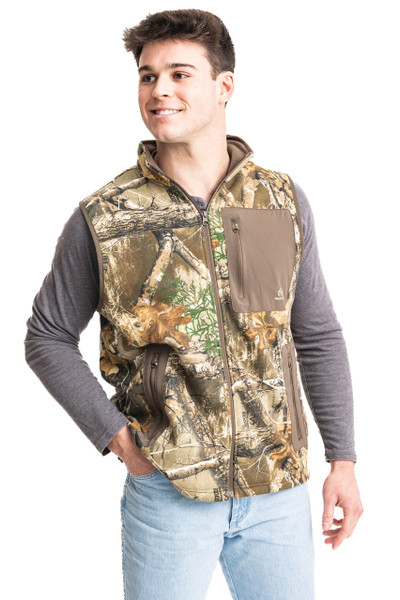 Men's Fleece Camo Vest | Realtree EDGE – front view showing full zip design, chest pocket, and camo fleece construction main.