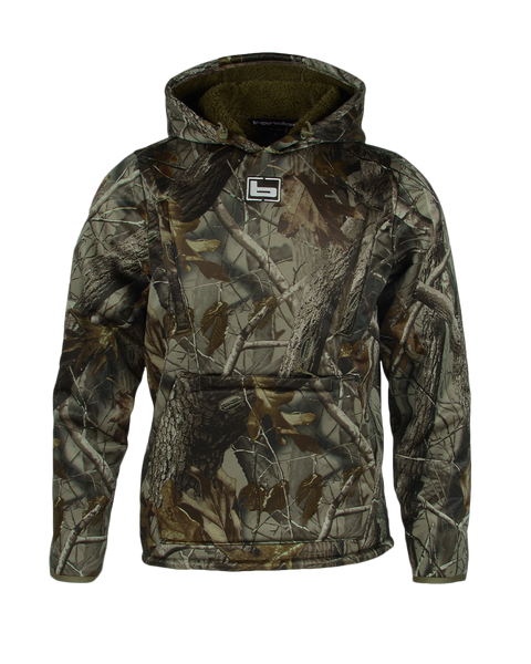 Men’s Realtree Hardwoods camo soft shell hoodie with hood and front pocket.