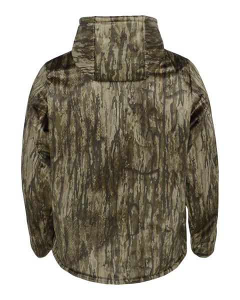 Back view of the Banded men’s Fanatech soft shell camo hoodie highlighting the Realtree Legacy pattern and full hood coverage.