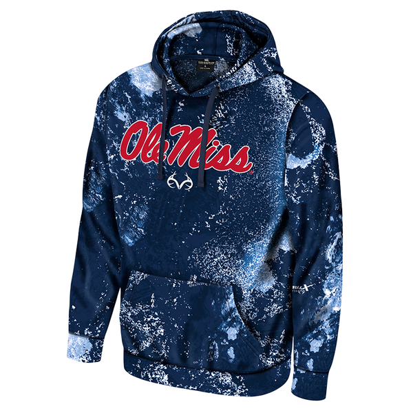 Front angled view of the Realtree Unisex Ole Miss Fleece Hoodie in Realtree Xtreme Colors, featuring a blue camo pattern, red Ole Miss script logo across the chest, adjustable drawstring hood, and front kangaroo pocket main.