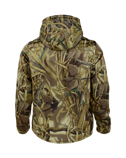 Back view of the Banded Men’s Fanatech Soft Shell Camo Hoodie in Realtree Wetlands, highlighting the full-coverage camouflage design and hood shape.