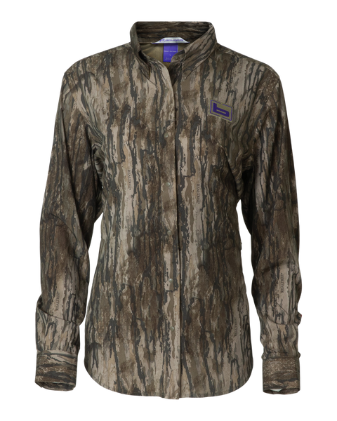 Front view of the Banded Women’s Badlander Lightweight Camo Shirt in Realtree Legacy with button-front closure and purple Banded logo on the chest.