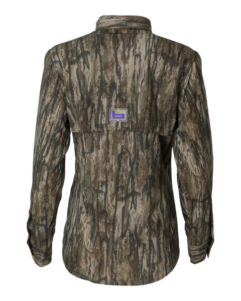 Back view of the Banded Women’s Badlander Lightweight Camo Shirt in Realtree Legacy featuring a vented back panel and purple Banded logo.