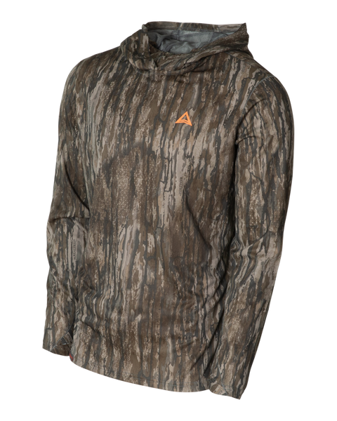 Angled front view of the Thacha Men's Lightweight Hoodie showcasing the Realtree Legacy camo pattern and lightweight hooded design.