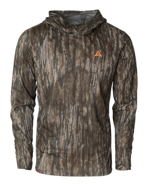 Front view of the Thacha Men's Lightweight Hoodie in Realtree Legacy camouflage with an orange logo on the chest main.