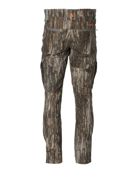 Back view of Thacha men’s hunting pants in Realtree Legacy camo showing reinforced seat, articulated legs, and upper rear zip pockets.